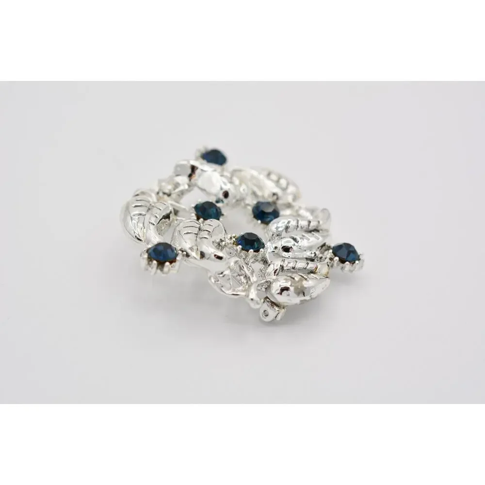 Vintage Crystal Leaf Wreath Pin Blue Rhinestone Silver Tone Heavy 1980s BinAT